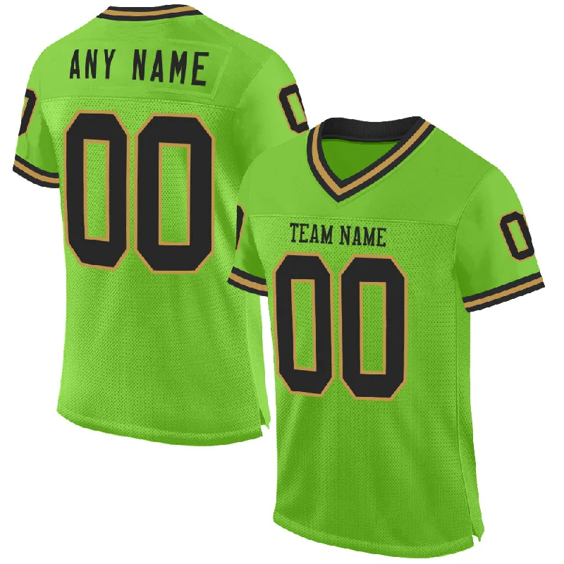 Custom Neon Green Black-Old Gold Mesh Authentic Throwback Football Jersey