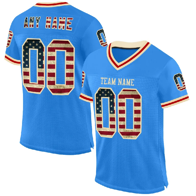 Custom Powder Blue Vintage USA Flag Cream-Red Mesh Authentic Throwback Football Jersey