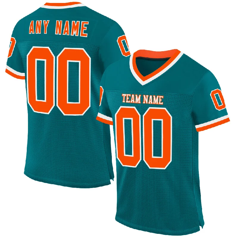 Custom Teal Orange-White Mesh Authentic Throwback Football Jersey