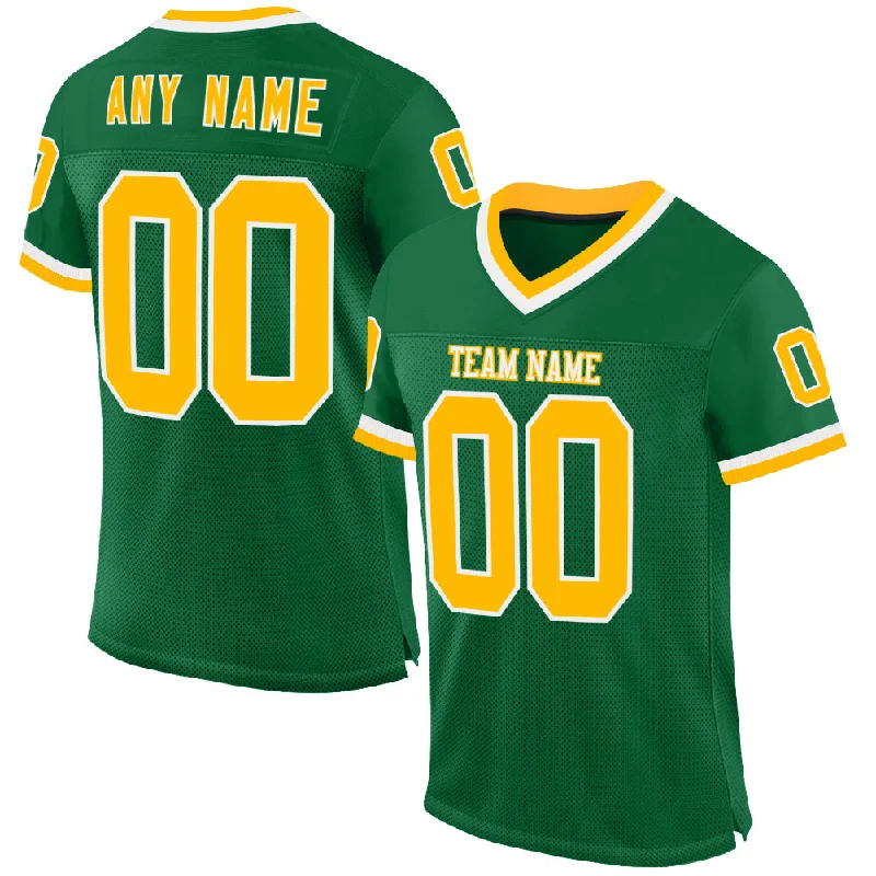 Custom Kelly Green Gold-White Mesh Authentic Throwback Football Jersey