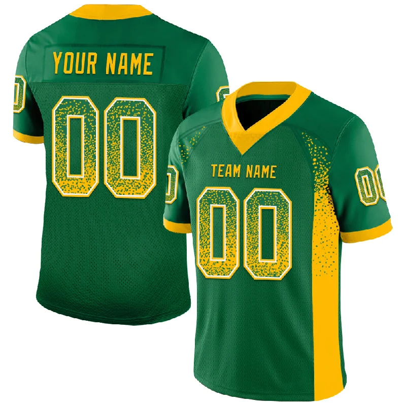 Custom Kelly Green Gold-White Mesh Drift Fashion Football Jersey