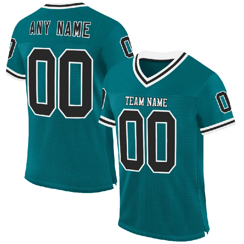 Custom Teal Black-White Mesh Authentic Throwback Football Jersey