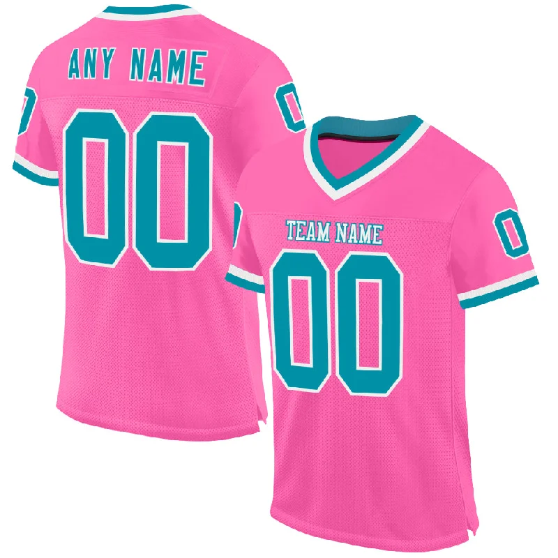 Custom Pink Teal-White Mesh Authentic Throwback Football Jersey