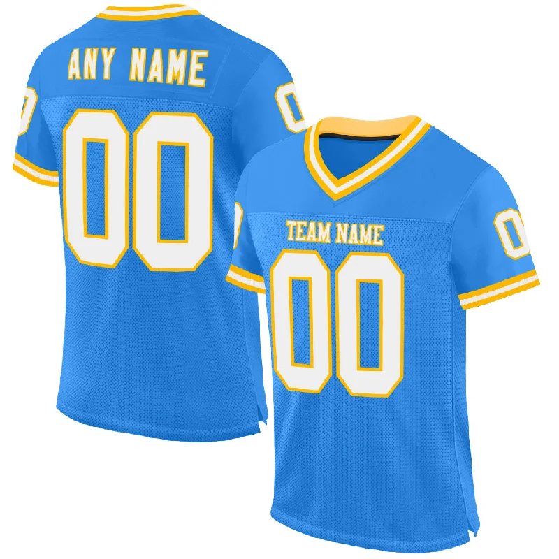 Custom Powder Blue White-Gold Mesh Authentic Throwback Football Jersey