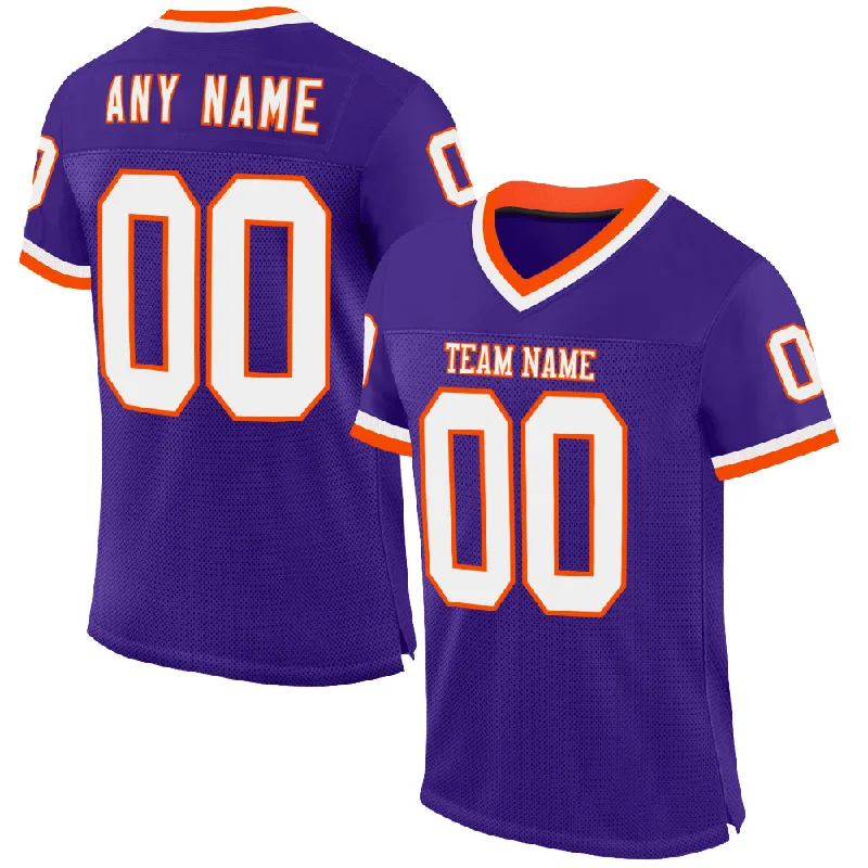 Custom Purple White-Orange Mesh Authentic Throwback Football Jersey