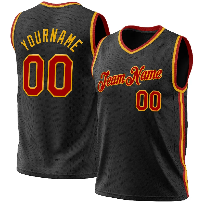 Custom Black Red-Gold Authentic Throwback Basketball Jersey