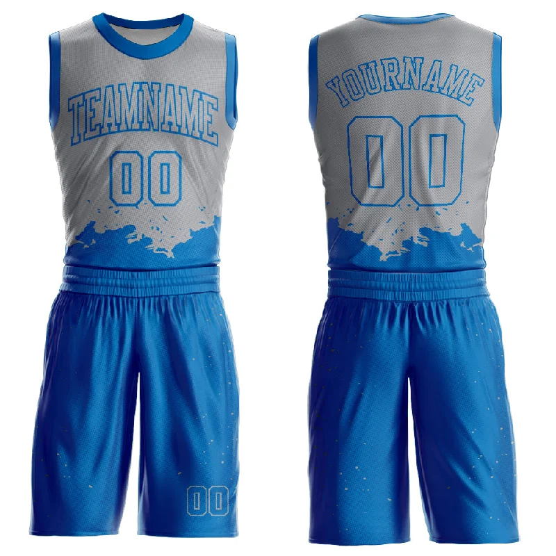 Custom Gray Blue Color Splash Round Neck Sublimation Basketball Suit Jersey