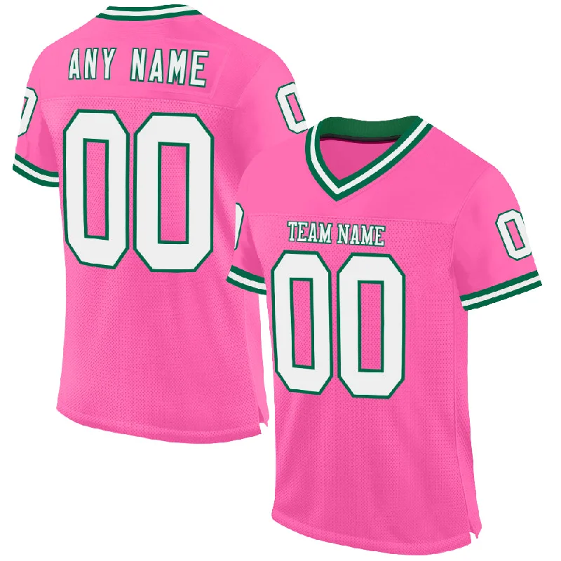 Custom Pink White-Kelly Green Mesh Authentic Throwback Football Jersey