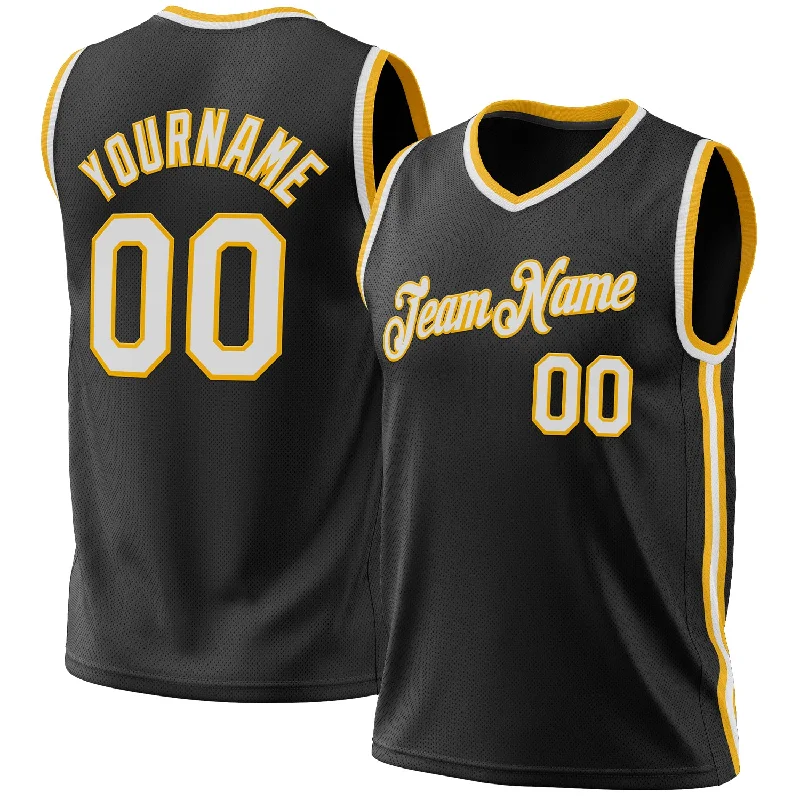 Custom Black White-Gold Authentic Throwback Basketball Jersey