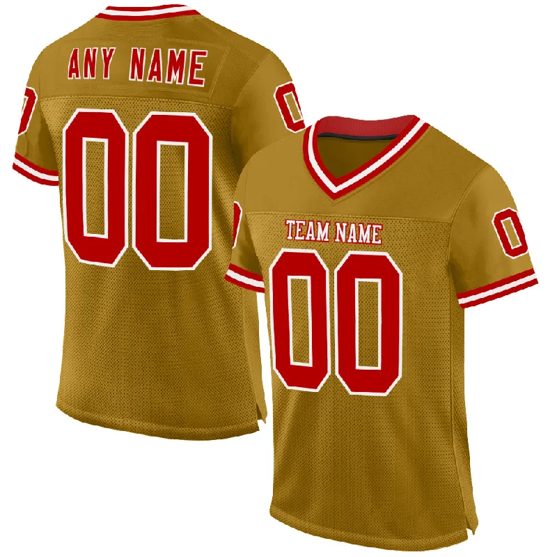 Custom Old Gold Red-White Mesh Authentic Throwback Football Jersey