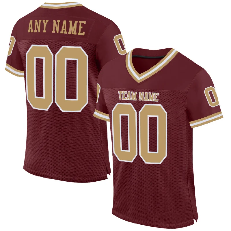 Custom Burgundy Old Gold-White Mesh Authentic Throwback Football Jersey