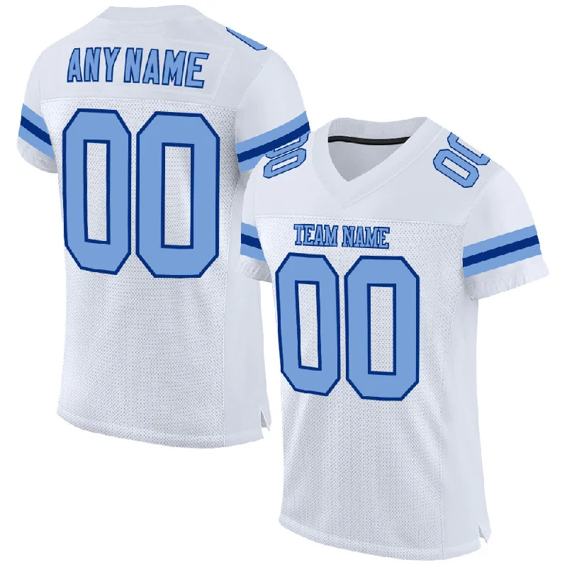 Custom White Light Blue-Royal Mesh Authentic Football Jersey