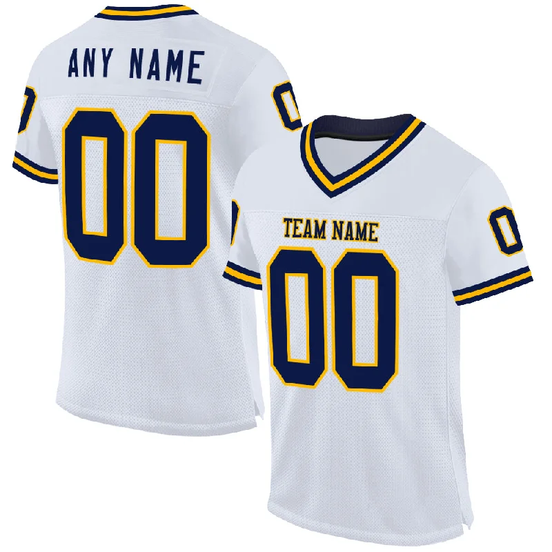 Custom White Navy-Gold Mesh Authentic Throwback Football Jersey