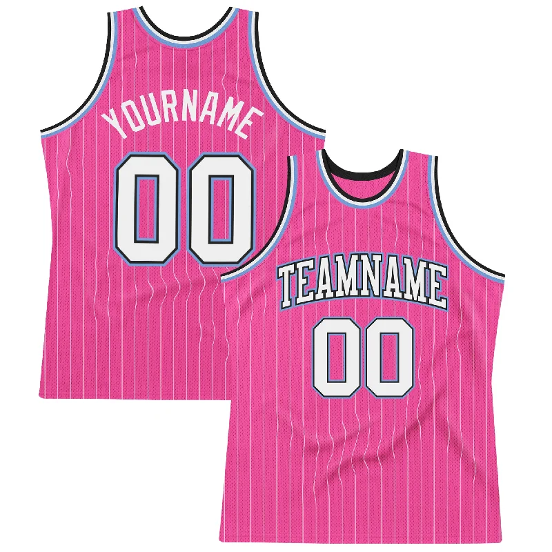 Custom Pink White Pinstripe White Black-Light Blue Authentic Basketball Jersey