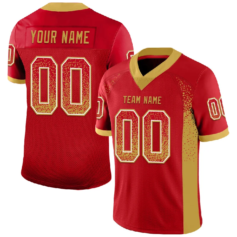 Custom Red Old Gold-White Mesh Drift Fashion Football Jersey