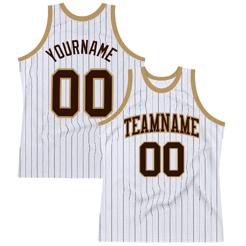 Custom White Brown Pinstripe Brown-Old Gold Authentic Basketball Jersey