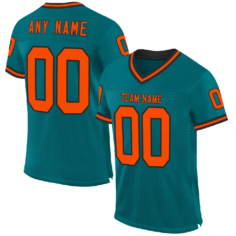 Custom Teal Orange-Black Mesh Authentic Throwback Football Jersey