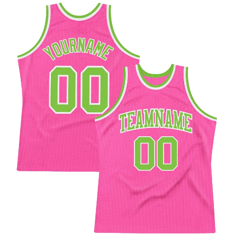 Custom Pink Neon Green-White Authentic Throwback Basketball Jersey