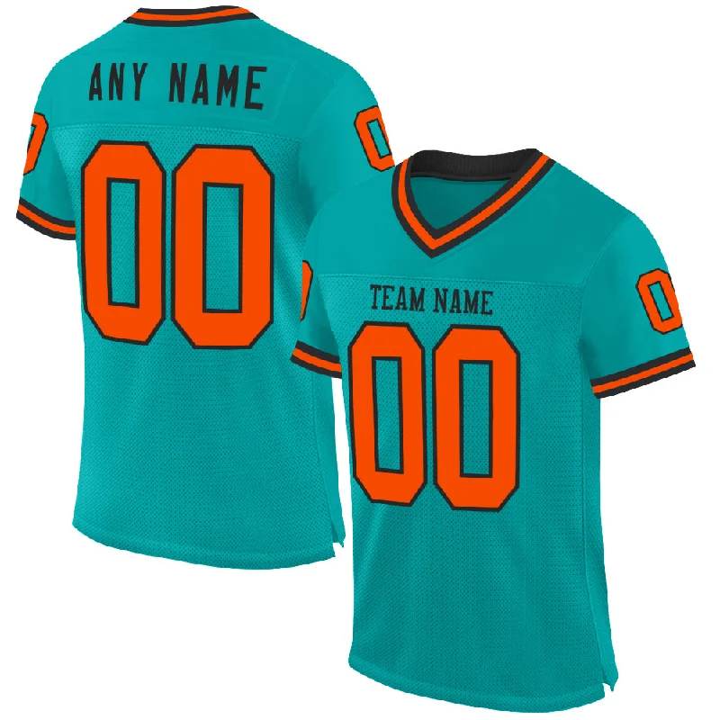 Custom Aqua Orange-Black Mesh Authentic Throwback Football Jersey