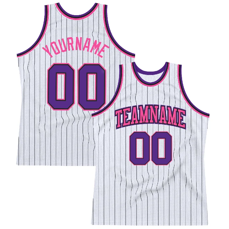 Custom White Black Pinstripe Purple-Pink Authentic Basketball Jersey