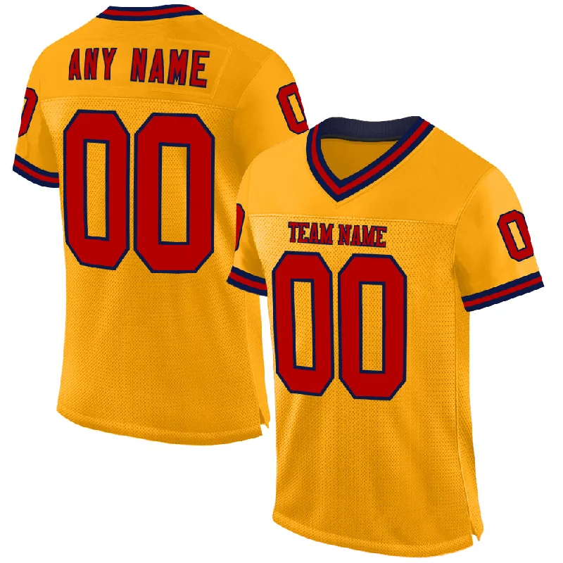 Custom Gold Red-Navy Mesh Authentic Throwback Football Jersey