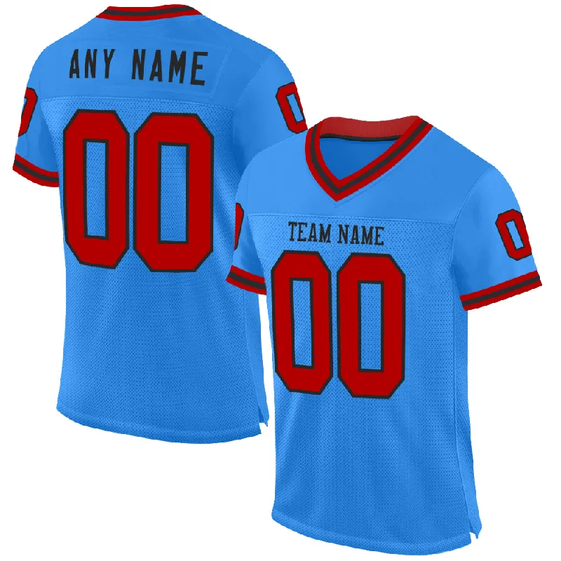 Custom Powder Blue Red-Black Mesh Authentic Throwback Football Jersey