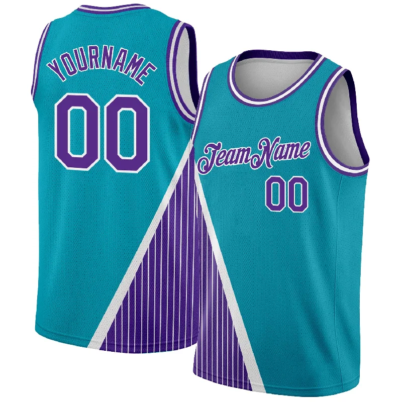 Custom Teal Purple-White Triangle Pinstripes Authentic City Edition Basketball Jersey