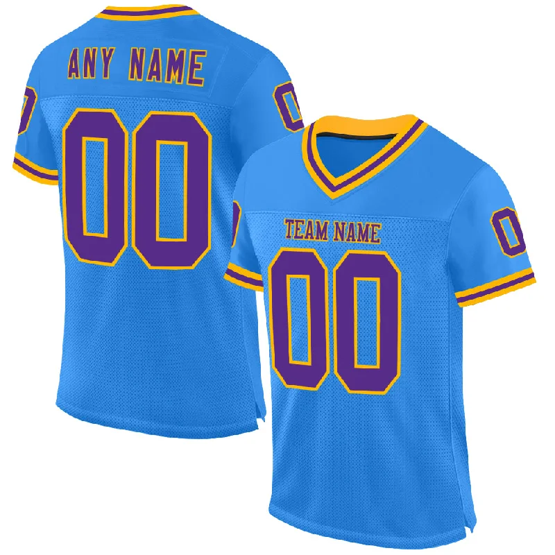 Custom Powder Blue Purple-Gold Mesh Authentic Throwback Football Jersey