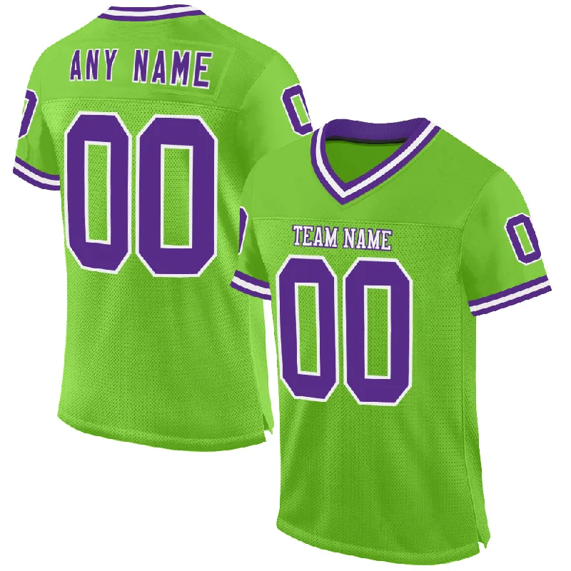 Custom Neon Green Purple-White Mesh Authentic Throwback Football Jersey