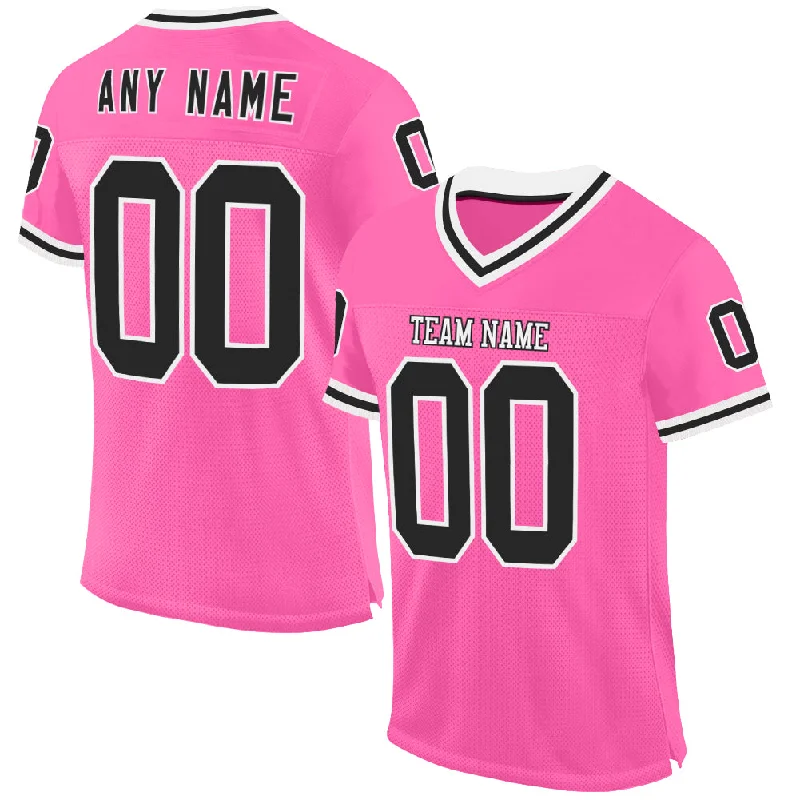 Custom Pink Black-White Mesh Authentic Throwback Football Jersey