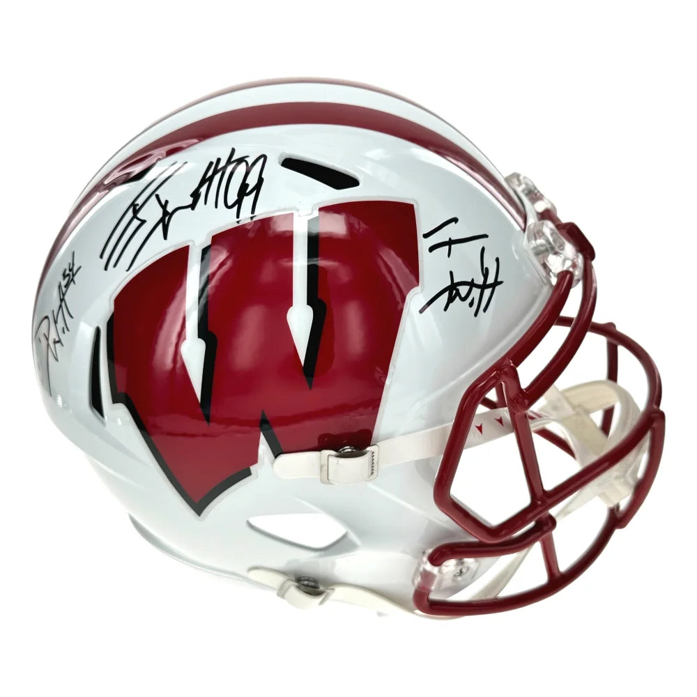 Wisconsin Badgers JJ TJ Derek Watt Brothers Signed FS Helmet BAS COA Autographed