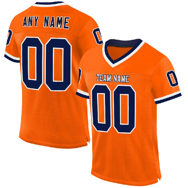 Custom Orange Navy-White Mesh Authentic Throwback Football Jersey