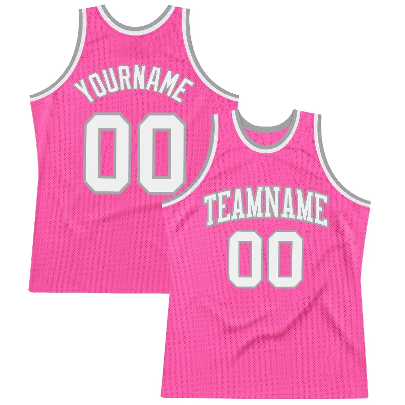 Custom Pink White-Gray Authentic Throwback Basketball Jersey