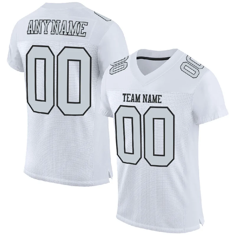 Custom White Silver-Black Mesh Authentic Football Jersey