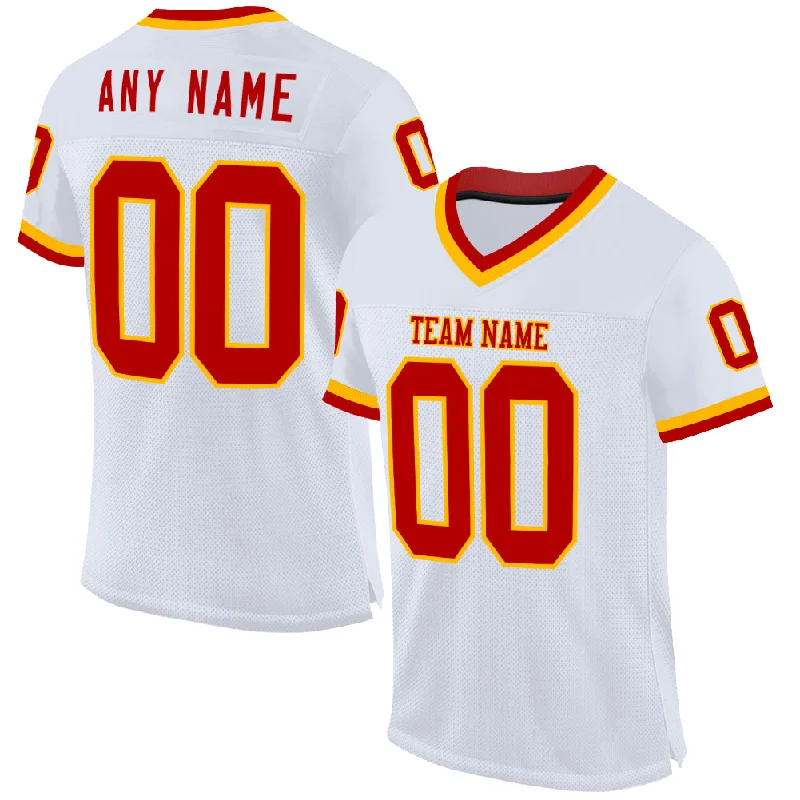 Custom White Red-Gold Mesh Authentic Throwback Football Jersey