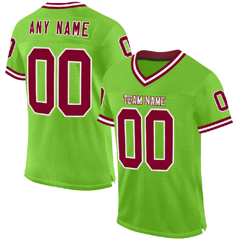 Custom Neon Green Maroon-White Mesh Authentic Throwback Football Jersey