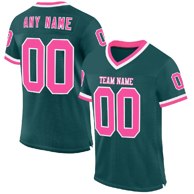 Custom Midnight Green Pink-White Mesh Authentic Throwback Football Jersey