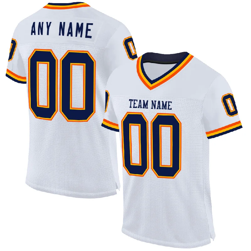 Custom White Navy Gold-Orange Mesh Authentic Throwback Football Jersey