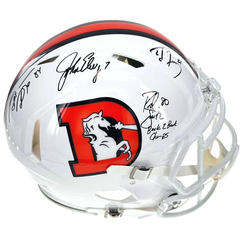 Denver Broncos Signed John Elway Shannon Sharpe Ed McCaffrey Rod Smith Helmet Autographed COA BAS