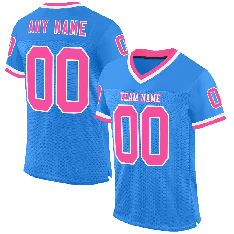 Custom Powder Blue Pink-White Mesh Authentic Throwback Football Jersey