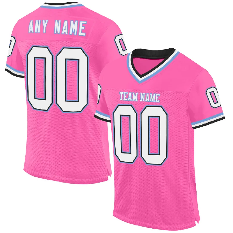 Custom Pink Black-Light Blue Mesh Authentic Throwback Football Jersey