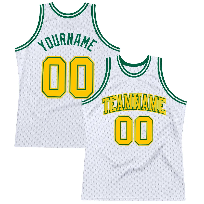 Custom White Gold-Kelly Green Authentic Throwback Basketball Jersey