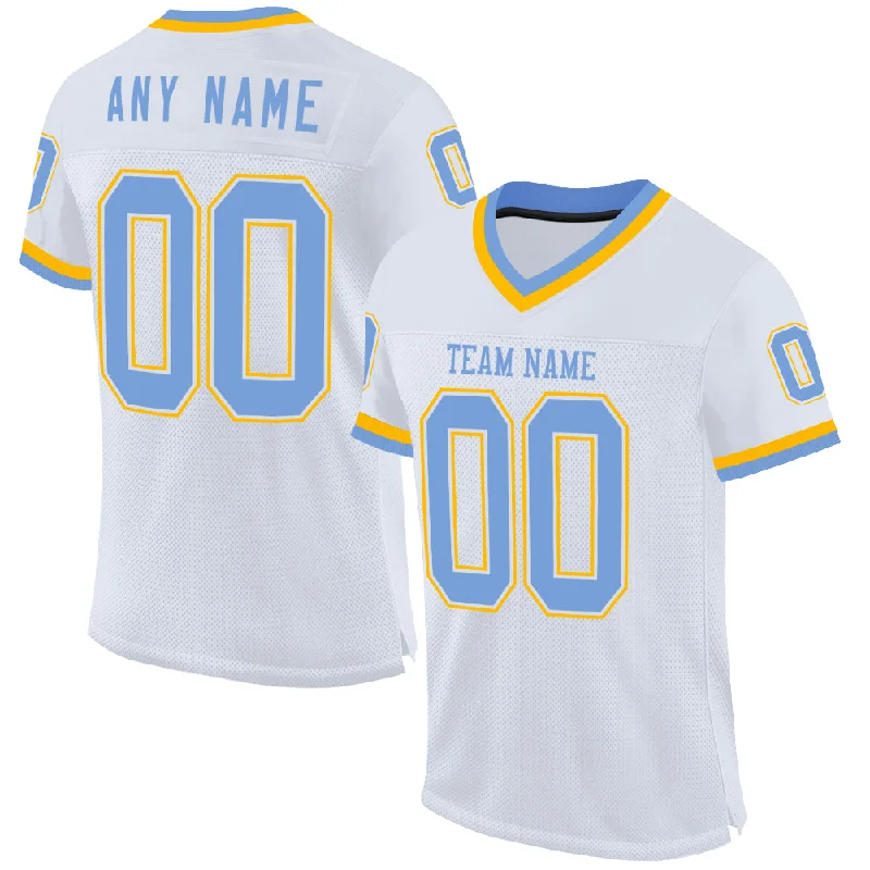 Custom White Light Blue-Gold Mesh Authentic Throwback Football Jersey