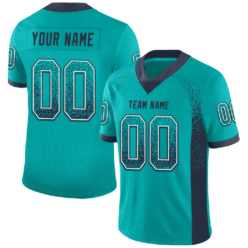 Custom Aqua Navy-White Mesh Drift Fashion Football Jersey