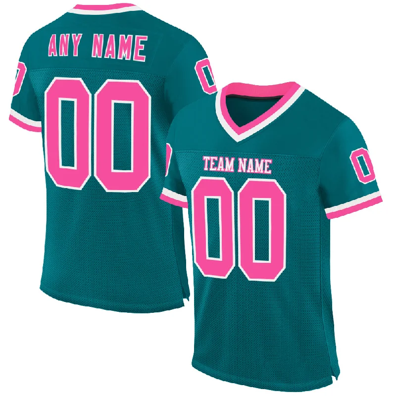 Custom Teal Pink-White Mesh Authentic Throwback Football Jersey