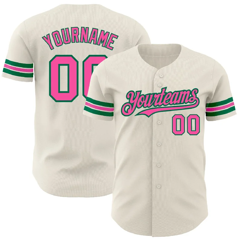 Custom Cream Pink-Kelly Green Authentic Baseball Jersey