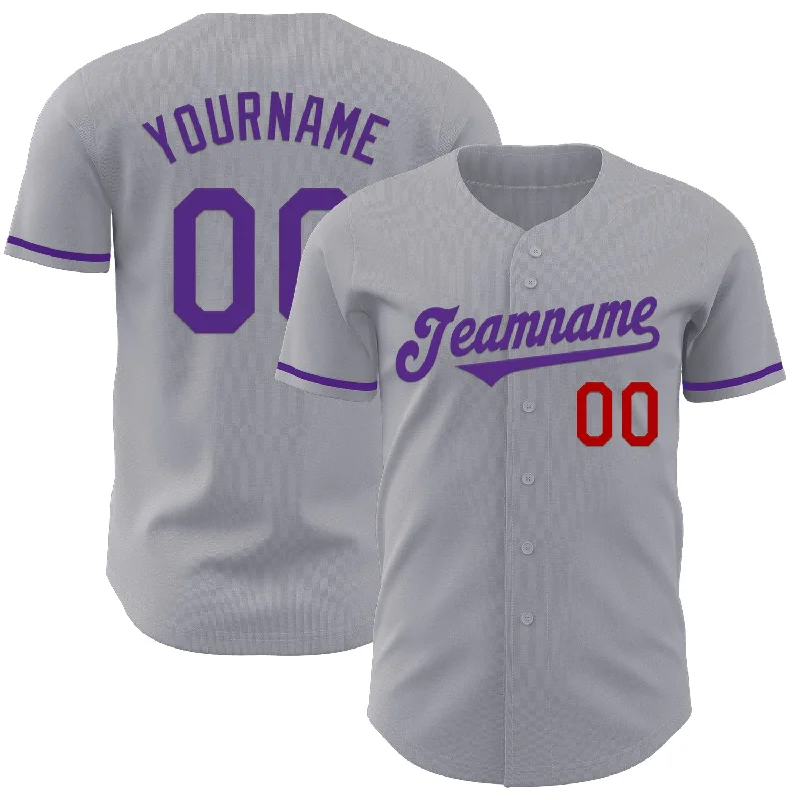 Custom Gray Purple-Red Authentic Baseball Jersey