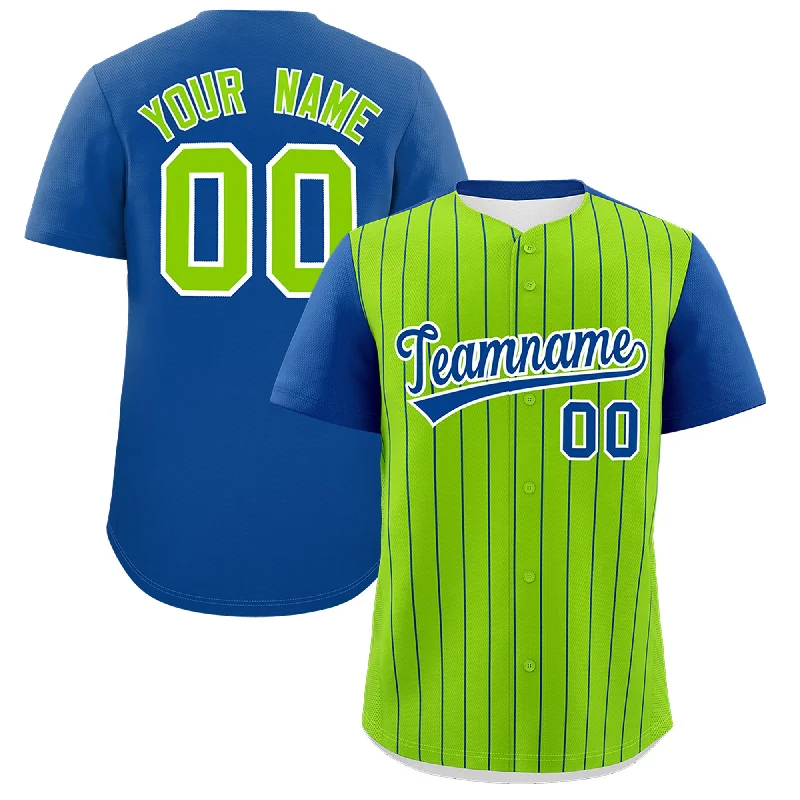 Custom Neon Green Royal Pinstripe Personalized Two-Tone Authentic Baseball Jersey