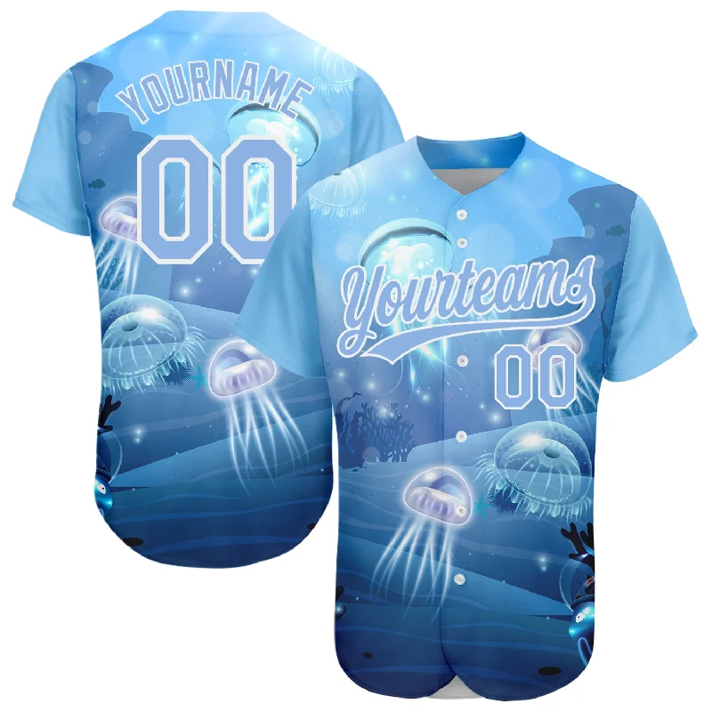 Custom Light Blue White 3D Pattern Design Jellyfish Underwater Life Authentic Baseball Jersey