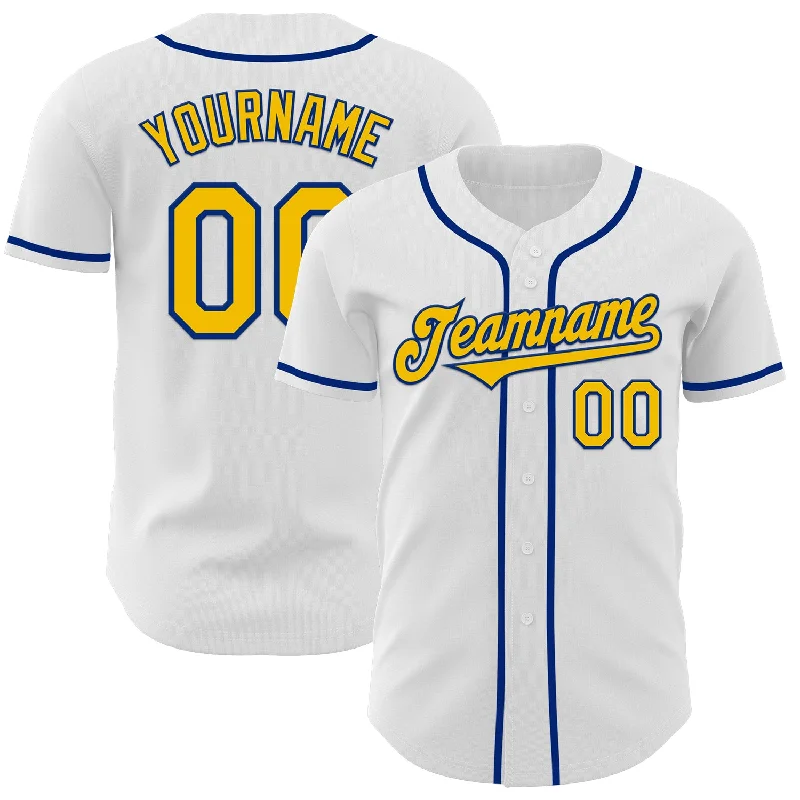 Custom White Yellow-Royal Authentic Baseball Jersey